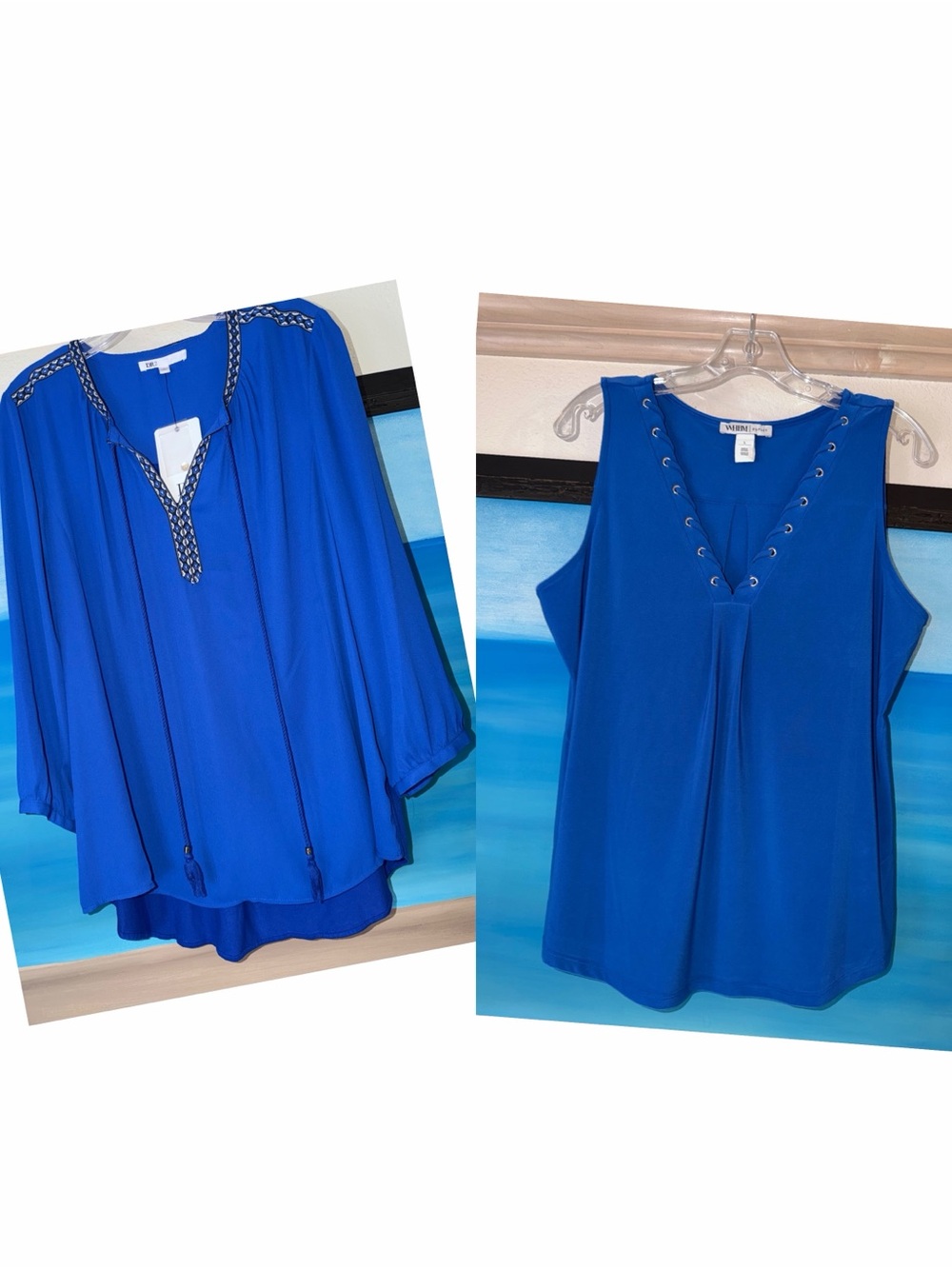 2 Pack of Cobalt Blue Tops: Split-Neck Tunic & Lace-Up Eyelet Tank